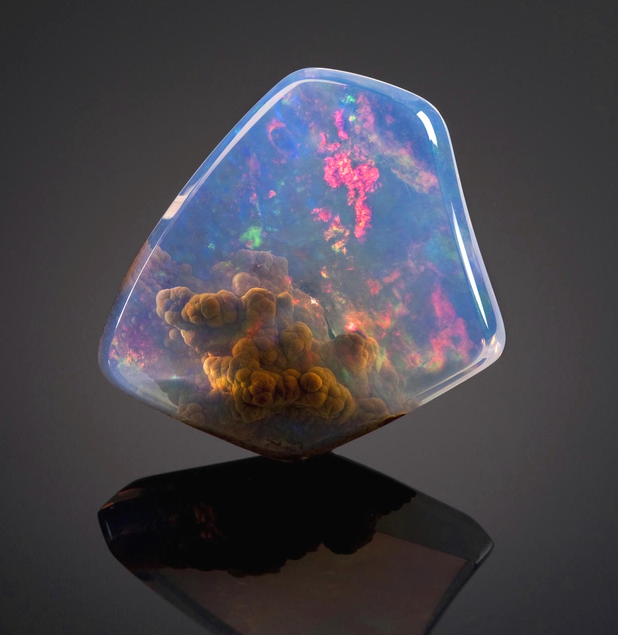 La pietra opale qui sopra è stata trovata in Oregon, nell'Opal Butte. Al suo interno, sembra essere intrappolata una nebulosa in miniatura.